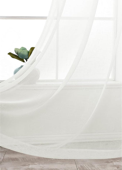 Sheer Curtains Faux Linen Semi Voile Light Filtering Drapes Pair for Bedroom Living Room, Set of 2 Grommet Top Window Curtain Panels (Each 54x108 Inch, Off White)