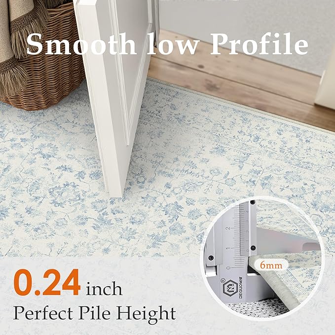 3x5 Blue Area Rug Non Slip Vintage Office Entryway Rug Distressed Machine Washable Kitchen Carpet Traditional Retro Floral Accent Throw Door Mat for Bedroom Bathroom Dining Living Room
