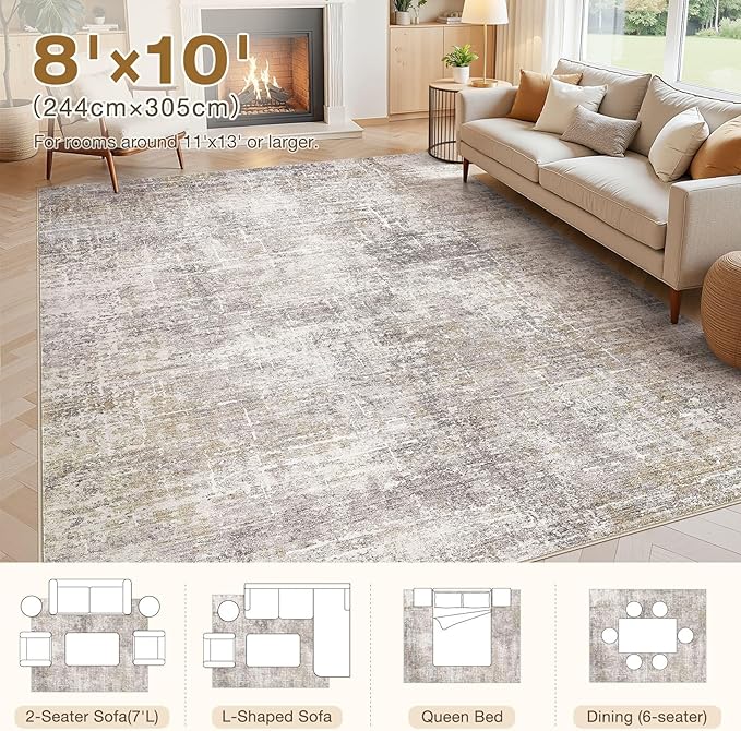 Abstract Living Room Rug 8x10 - Modern Washable Soft Thin Area Rug for Living Room Bedroom Under Dining Table - Neutral Indoor Floor Rug Carpets for Home Office Playroom Nursery - Brown Gold