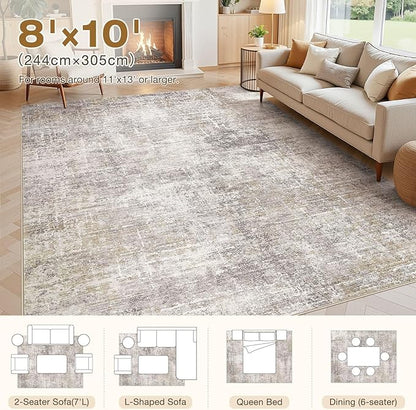 Abstract Living Room Rug 8x10 - Modern Washable Soft Thin Area Rug for Living Room Bedroom Under Dining Table - Neutral Indoor Floor Rug Carpets for Home Office Playroom Nursery - Brown Gold