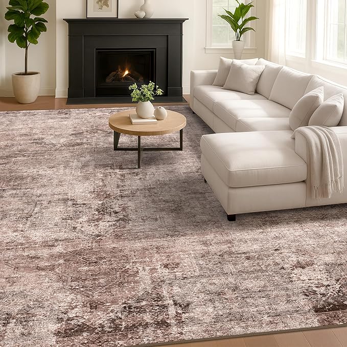 Vintage Brown Terracotta Rugs for Bedroom - 6x9 Distressed Print Pattern Large Area Rug for Living Room, Dining Room Under Table, Thin & Soft Washable Electic Décor