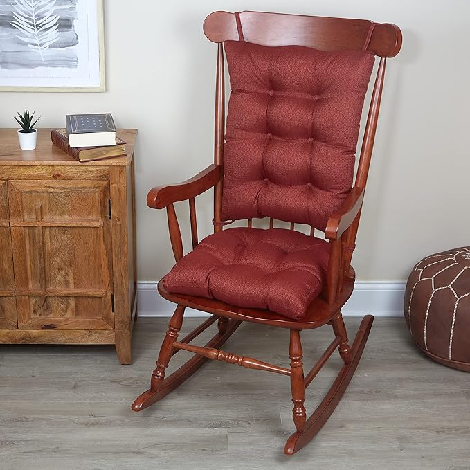 Klear Vu Omega Non-Slip Rocking Chair Cushion Set, Assembled in USA, Thick Padding & Tufted Design, Includes Seat Pad & Back Pillow with Ties, 17x17 Inches, 2-Piece Set, Solid Flame Red