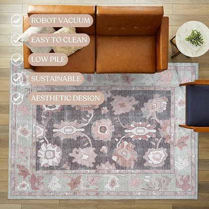 Fame Living Green Oushak Rug, Modern, Vintage, Turkish, Eclectic, Floral, Pastel, Washable, Extra Large Area Rugs for Living Room, Dining, Bedroom, Lounge, 9'x12'