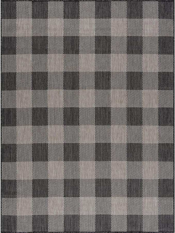 CAMILSON Outdoor Rug - Modern Area Rugs for Indoor and Outdoor Patios, Kitchen and Hallway mats - Easy Cleaning Non Shedding Washable Outside Carpet (8x10, Buffalo - Dark Grey/Light Grey)