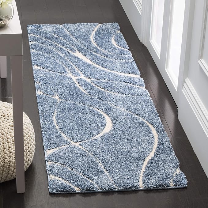 SAFAVIEH Florida Shag Collection Runner Rug - 2'3" x 15', Light Blue & Cream, Non-Shedding, 1.2-inch Thick, Ideal for Living Room, Hallway, Foyer, Bedroom (SG471-6011-215)
