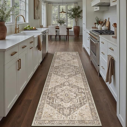 Taupe Brown Hallway Runner Rug 3x8 Vintage Washable Distressed Area Carpet Kitchen Indoor Non Slip Long Traditional Medallion Retro Accent Throw Rug for Bedroom Laundry Dining Living Room