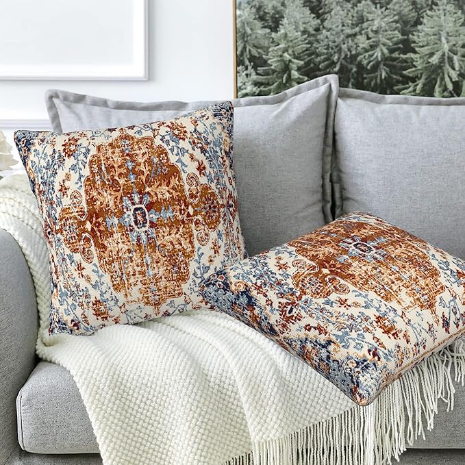 Ethnic Boho Throw Pillow Covers Set of 2 Rug Boho Style Ethnic Design Pillow Covers 20x20 Inch Modern Farmhouse Home Decorative Pillow Cases Cushion Cover for Sofa Living Room Office