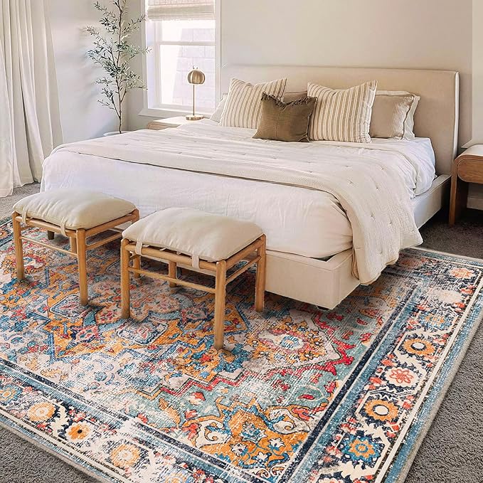 Washable Area Rug 8'x10' Boho Chic Medallion Distressed Design Non-Shedding Easy Care Ideal for High Traffic Areas in Living Room Bedroom Office Coffee Table Large Carpet