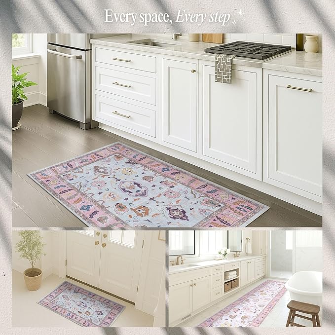 Fame Rugs Pink Beige Modern Oushak Rug 2'6"x7', Washable Vintage Turkish Colorful Oriental Antique Inspired Foldable Small Runner Rugs, Luxury Living Room Bedroom (390PP, 2'6" x 7')