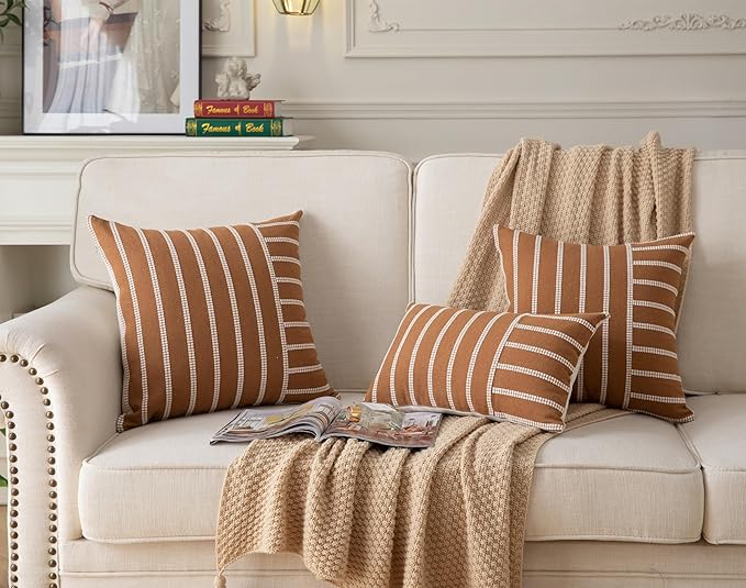 Caflife Boho Throw Pillow Covers 20x20 Set of 2 Soft Farmhouse Decorative Couch Pillow Cases Brown Striped Pillow Covers Neutral Cushion Covers for Sofa Bed Living Room Home Decor