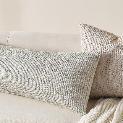 Decorative Lumbar Pillow Cover 14x36 Beige Striped Wool Long Body Pillow Neutral Textured Boho Lumbar Throw Pillow Cushion Covers for Modern Farmhouse Sofa Bed Living Room Decor SY011-A14