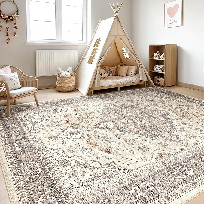 5X8 Area Rug Living Room: Washable Boho Large Neutral Vintage Soft Rugs Stain Resistant Farmhouse Non Slip Indoor Floor Carpet for Bedroom Nursery Kids Playroom Office Dining Room Home Decor- Brown