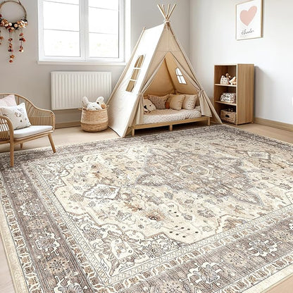 5X8 Area Rug Living Room: Washable Boho Large Neutral Vintage Soft Rugs Stain Resistant Farmhouse Non Slip Indoor Floor Carpet for Bedroom Nursery Kids Playroom Office Dining Room Home Decor- Brown