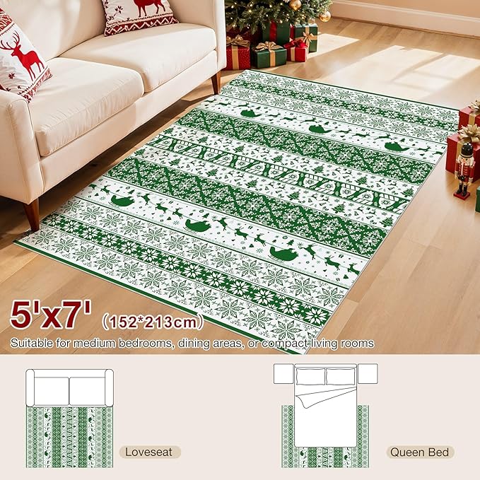 Abstract Living Room Rug 5X7 - Modern Washable Christmas Soft Thin Area Rug for Living Room Bedroom Under Dining Table - Neutral Indoor Floor Rug Carpets for Home Office Playroom Nursery - Green White
