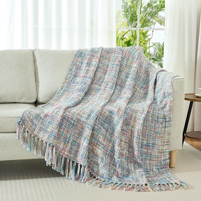 Multi-Color Pink Blue Cable Knitted Throw Blanket for Couch,60"X80" Boho Style Textured Blankets for Home Decor,Super Soft Warm Cozy Chunky Knit Blanket with Decorative Tassels for Bed