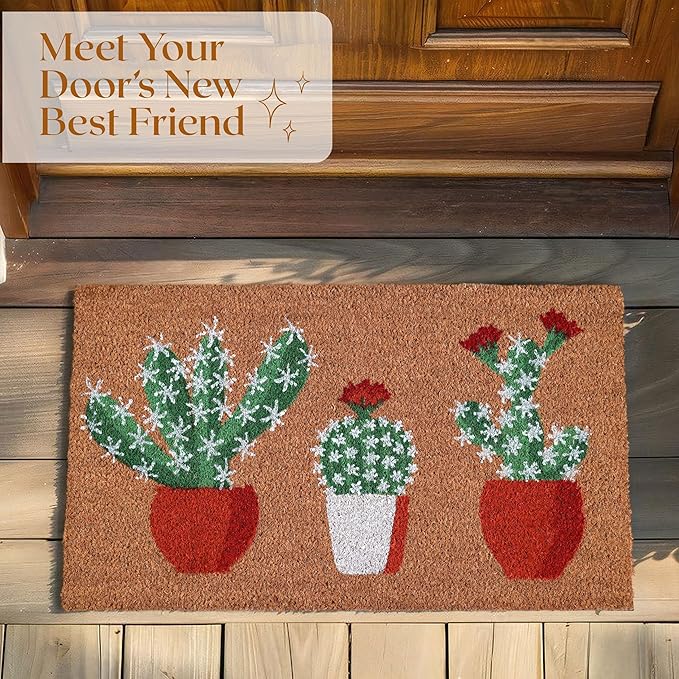Coir Door Mats 17" X 30", Non-Slip Sturdy, PVC Backed Heavy Duty, Easy to Clean, Ideal for Door Entrance, Patio, Porch, Backyard, Garages, Sparkling Cactus