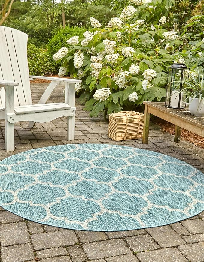 Unique Loom Outdoor Trellis Collection Area Rug - Trellis (Round 4' 0" x 4' 0", Aquamarine/ Gray)
