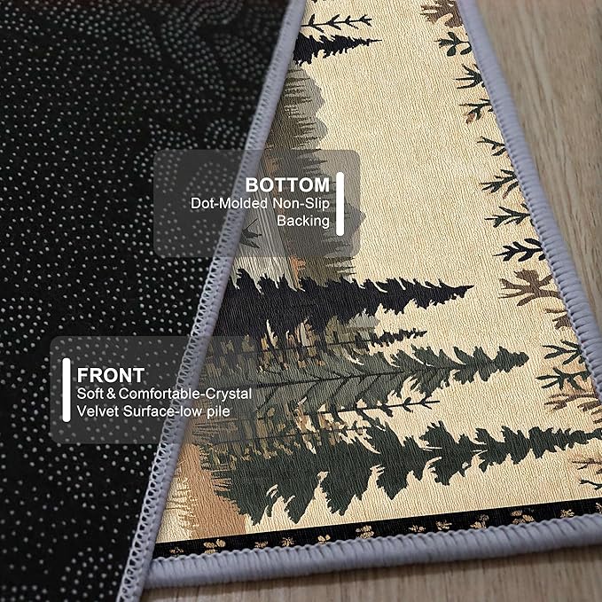 Vintage Bear Claw Fishing Boat Rug 3.3x10ft Elk Pine Forest Bohemian Carpet, Non-Slip Nursery Rug with Washable Surface, Brown Retro Floor Mat for Cabin Decor
