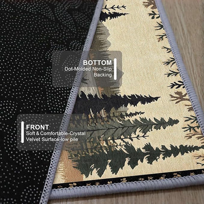 Vintage Bear Claw Fishing Boat Rug 2x6ft Elk Pine Forest Bohemian Carpet, Non-Slip Nursery Rug with Washable Surface, Brown Retro Floor Mat for Cabin Decor