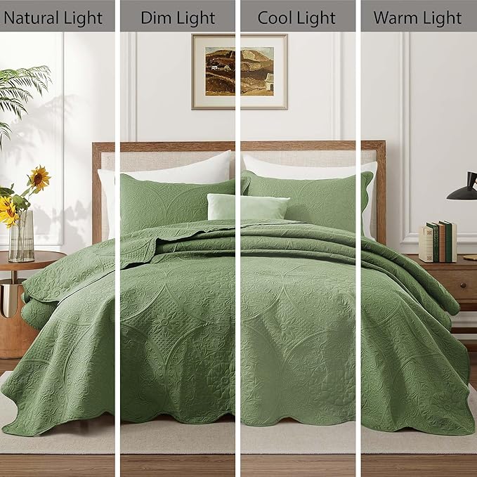 IR Imperial Rooms 10 Pack Twin Quilt Bedding Set (68" x 86") - Bulk Wholesale for Hotels, Guest Bedroom & Airbnbs - Lightweight Microfiber Reversible Floral Embossed Quilts Bedspreads (Olive Green)