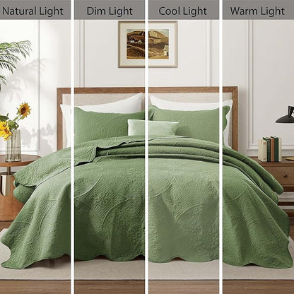 IR Imperial Rooms Twin Quilt Bedding Set Size (68” x 86”) + 1 Pillow Shams (20” x 26” + 2”) - 2 Pcs All Season Lightweight Reversible Microfiber Coverlet Floral Embossed Quilt Bedspread (Olive Green)