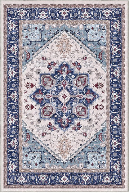 OPPODREAM Thin Throw Rugs 2x3, Small Washable Entryway Rugs 2 x 3 with Non Slip Backing, Low-Pile Faux Cashmere 2 x 3 Carpet, Navy Blue & Red & Cream
