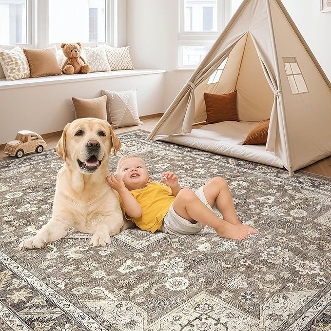 Vintage Living Room Area Rug 10x14 - Large Soft Washable Oriental Traditional Distressed Farmhouse Rugs for Bedroom - Indoor Floor Accent Carpet for Home Office House Decor - Brown