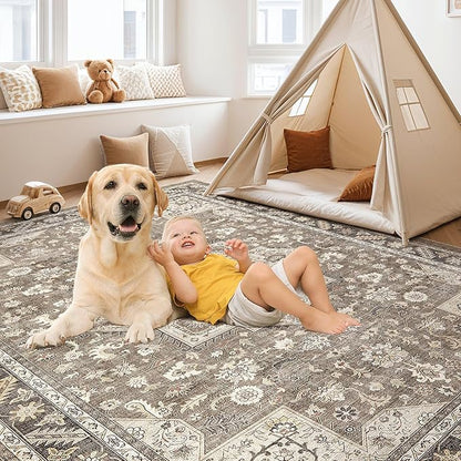Vintage Living Room Area Rug 5x8 - Large Soft Washable Oriental Traditional Distressed Farmhouse Rugs for Bedroom - Indoor Floor Accent Carpet for Home Office House Decor - Brown