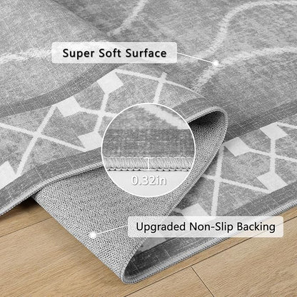 Washable Area Rug 8x10, Non-Slip Rugs for Living Room Bedroom, Low Pile Large Soft Alfombras, Modern Bordered Home Floor Rugs for Kids Playroom Office Dining Room Farmhouse, Light Grey