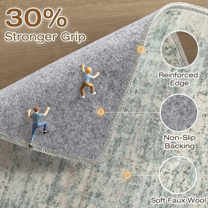 4x6 Rug Washable Area Rugs: Neutral Abstract Soft Modern Stain Resistant Small Indoor Floor Non-Slip Low Pile Throw Carpet for Entryway Kitchen Bedroom Nursery Kids Office Playroom Home House- Green