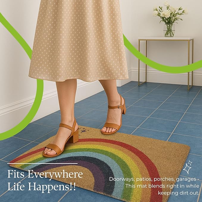 Coir Door Mats 17" X 30", Non-Slip Sturdy, PVC Backed Heavy Duty, Easy to Clean, Ideal for Door Entrance, Patio, Porch, Backyard, Garages, Sparkle of Rainbows