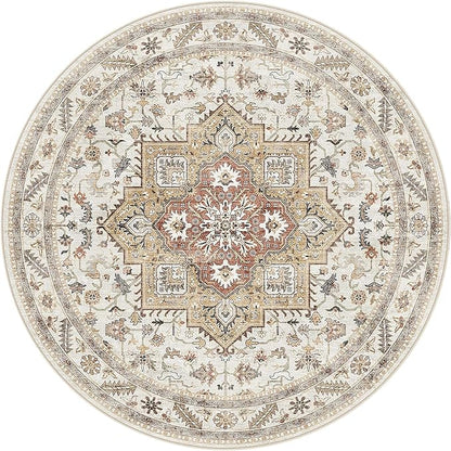 5ft Round Vintage Living Room Area Rug - 5x5 Large Soft Washable Oriental Traditional Distressed Farmhouse Rugs for Bedroom - Indoor Floor Accent Carpet for Home Office House Decor - Golden Taupe