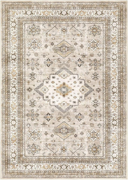 Vintage Living Room Area Rug 5x8 - Large Soft Washable Oriental Traditional Distressed Farmhouse Rugs for Bedroom - Indoor Floor Accent Carpet for Home Office House Decor - Beige