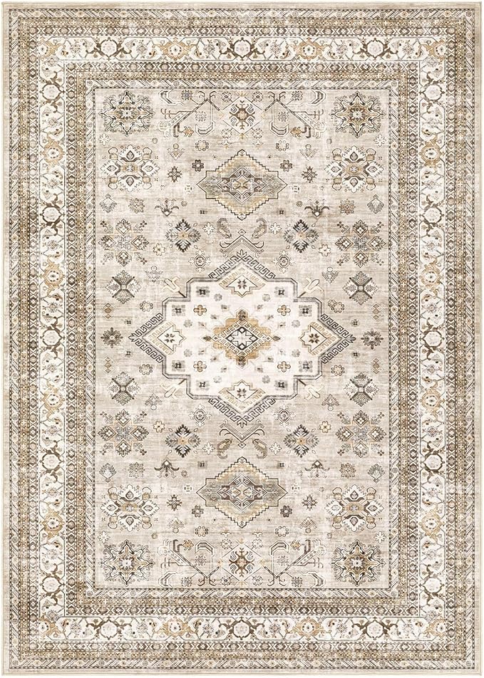 Vintage Living Room Area Rug 10x14 - Large Soft Washable Oriental Traditional Distressed Farmhouse Rugs for Bedroom - Indoor Floor Accent Carpet for Home Office House Decor - Beige