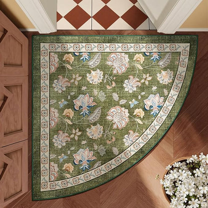 jinchan Elora Floral Corner Rug for Entryway Washable Rug Vintage Romance Christmas Design Non Slip Quarter Circle Lightweight Low-Pile Throw Carpet for Playroom Reading Nook, 4ft Radius, Green