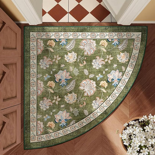 jinchan Elora Floral Corner Rug for Entryway Washable Rug Vintage Romance Christmas Design Non Slip Quarter Circle Lightweight Low-Pile Throw Carpet for Playroom Reading Nook, 4ft Radius, Green