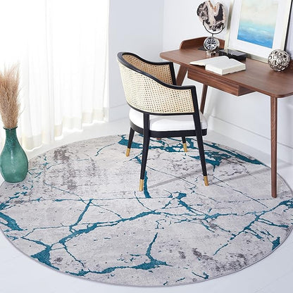SAFAVIEH Amelia Collection 6'7" Round Grey/Aqua ALA293H Modern Abstract Non-Shedding Entryway Foyer Living Room Bedroom Kitchen Area Rug