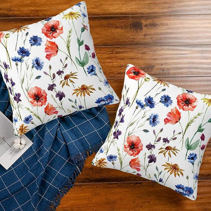 Wildflowers Throw Pillow Covers Set of 2 Watercolor Poppy Pillow Covers 20x20 Inch Modern Farmhouse Home Decorative Pillow Cases Cushion Cover for Sofa Living Room Office