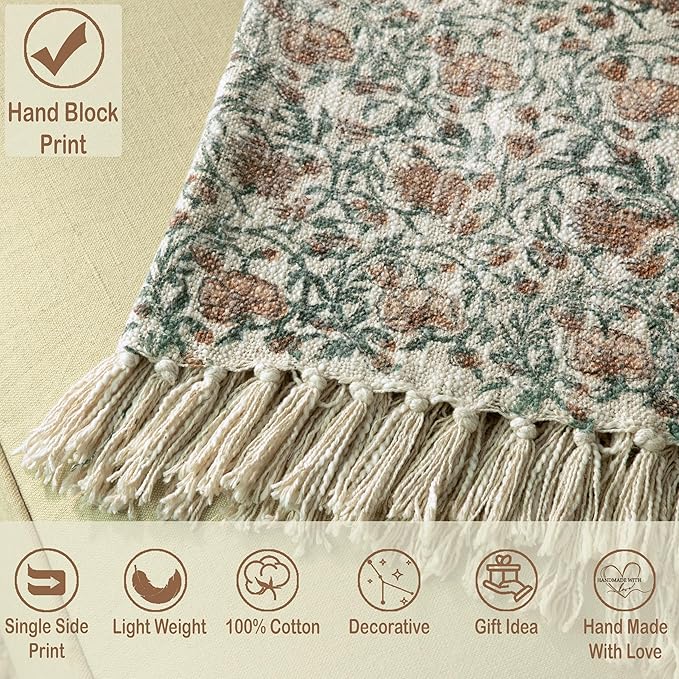 100% Pure Cotton Handblock Printed Throw Blanket, Soft 50" x 60" Fringed Floral Print Throw for Couch, Sofa, Chair, Bed - Cozy, Machine Washable, Comfortable Home Decor