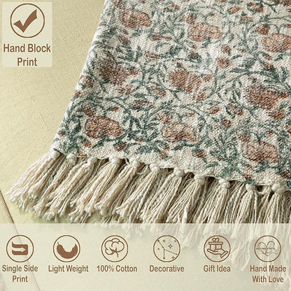 100% Pure Cotton Handblock Printed Throw Blanket, Soft 50" x 60" Fringed Floral Print Throw for Couch, Sofa, Chair, Bed - Cozy, Machine Washable, Comfortable Home Decor