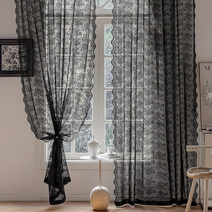 Anmao Vintage Lace Curtains 102 Inches Long 2 Panels Set, Romantic Elegant Light Filtering Semi Sheer Floral Thick Lacy Curtain Drapes for Living Room and Bedroom, Each Panel 55W x 102L, Black