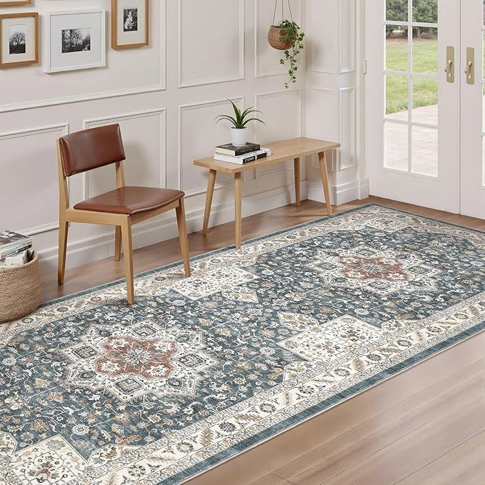 Vintage Hallway Runner Rug 3x14: Large Soft Washable Entryway for Kitchen Laundry Room Non-Slip Backing Runner for Entrance Living Room Bedroom Bathroom - Vintage Blue