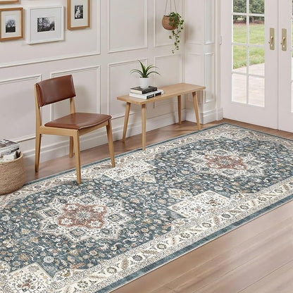 Vintage Hallway Runner Rug 3x14: Large Soft Washable Entryway for Kitchen Laundry Room Non-Slip Backing Runner for Entrance Living Room Bedroom Bathroom - Vintage Blue