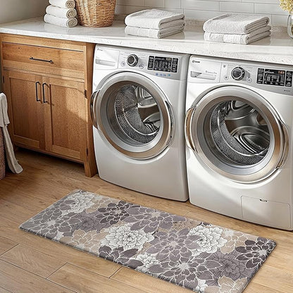 GENIMO Kitchen Mats for Floor, Kitchen Rugs Non Slip Washable Sets of 2, Waterproof Cushioned Anti Fatigue Mat, Floral Runner Rug for Laundry, Sink, Office, Home, 17.3"x47"+17.3"x30", Coffee Brown