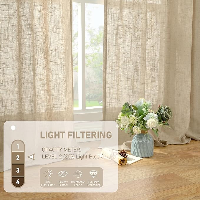 LAMIT Brown Linen Curtains 84 inch Length 2 Panels, Light Filtering Semi Sheer Panels Back Tab and Rod Pocket Boho Neutral Drapes for Bedroom/Living Room, 34 x 84 Inch