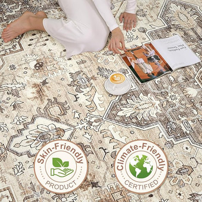10x12 Area Rug Living Room: Washable Boho Large Neutral Vintage Soft Rugs Stain Resistant Farmhouse Non Slip Indoor Floor Carpet for Bedroom Nursery Kids Playroom Office Dining Room- Beige Brown