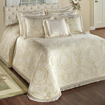 Timeless Vintage Style Bedding | Neutral Sage and Ecru | Textured Matelasse Rose Medallions and Leaves | 6 Piece Lightweight Bed Set: Oversized King Bedspread, 4 King Shams, & Square Decorative Pillow