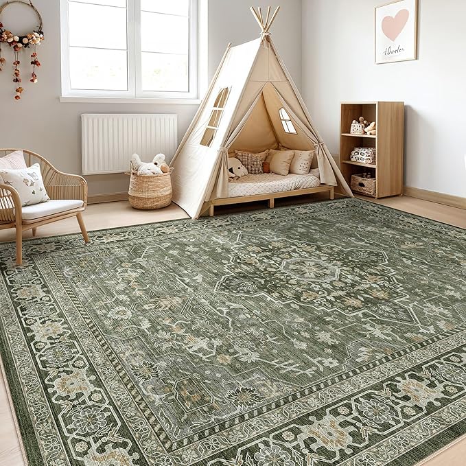 10x14 Area Rugs Living Room: Washable Boho Large Neutral Vintage Soft Rug Stain Resistant Farmhouse Non Slip Indoor Floor Carpet for Bedroom Nursery Kids Playroom Office Dining Room- Dark Green