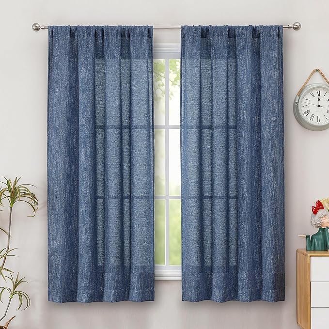Simplebrand Navy Blue Faux Linen Textured Curtains 63 Inch Length 2 Panels for Bedroom, Semi Sheer Light Filtering Privacy Farmhouse Curtains, Soft Thick Rod Pocket Window Drapes, 40W x 63L Inch