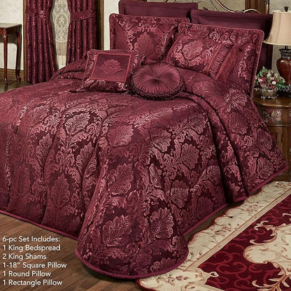 Touch of Class Camelot Luxury Bedding | Robust Burgundy | Matte Satin Damask on Textured Jacquard-Woven Chenille 6 Piece Set Includes King Quilted Bedspread, 2 King Shams, and 3 Decorative Pillows